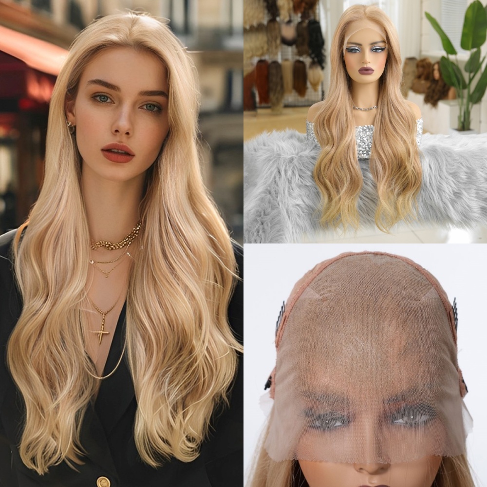 13*6 Lace Synthetic Wigs Long Ombre Blonde Wig Layered Straight Hair for Women Natural Daily Use Heat Resistant Wigs