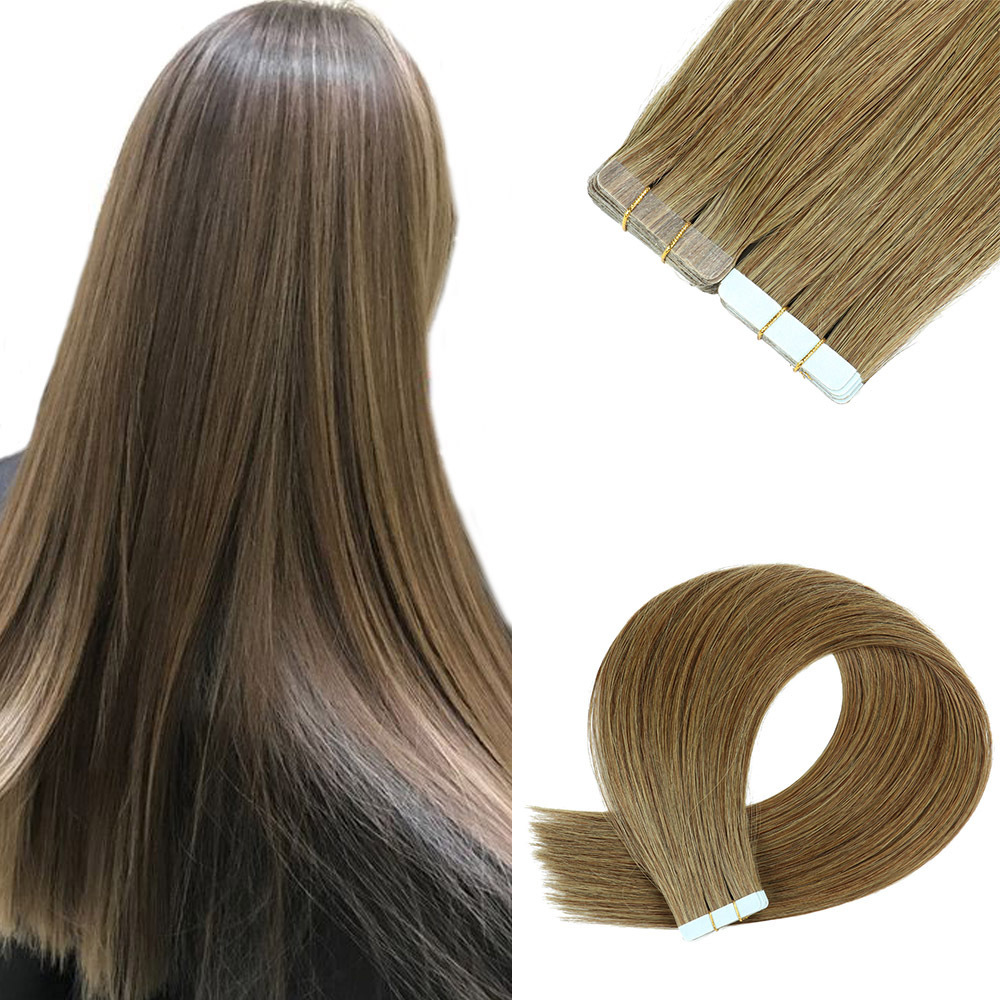 20pcs Light Brown #8 Tape In Hair Extensions Human Hair 20pcs Human Hair Extensions Seamless Human Hair Skin Weft 50g
