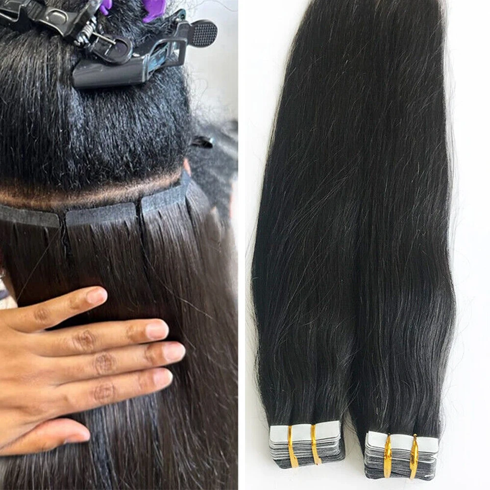 Natural Black #1B Straight Tape In Hair Extensions Remy Hair Extensions Tape In 50g Per Pack Seamless tape hair extensions 16-26Inch