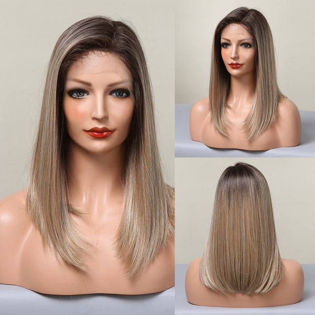 T part Synthetic Lace Front Wigs Orange Brown Short BOB Wig with Side Part Daily Use Party Wig for Women Heat Resistant
