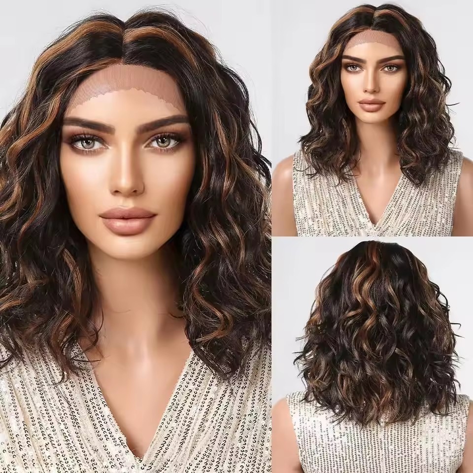 T part Synthetic Lace Front Wigs Orange Brown Short BOB Wig with Side Part Daily Use Party Wig for Women Heat Resistant