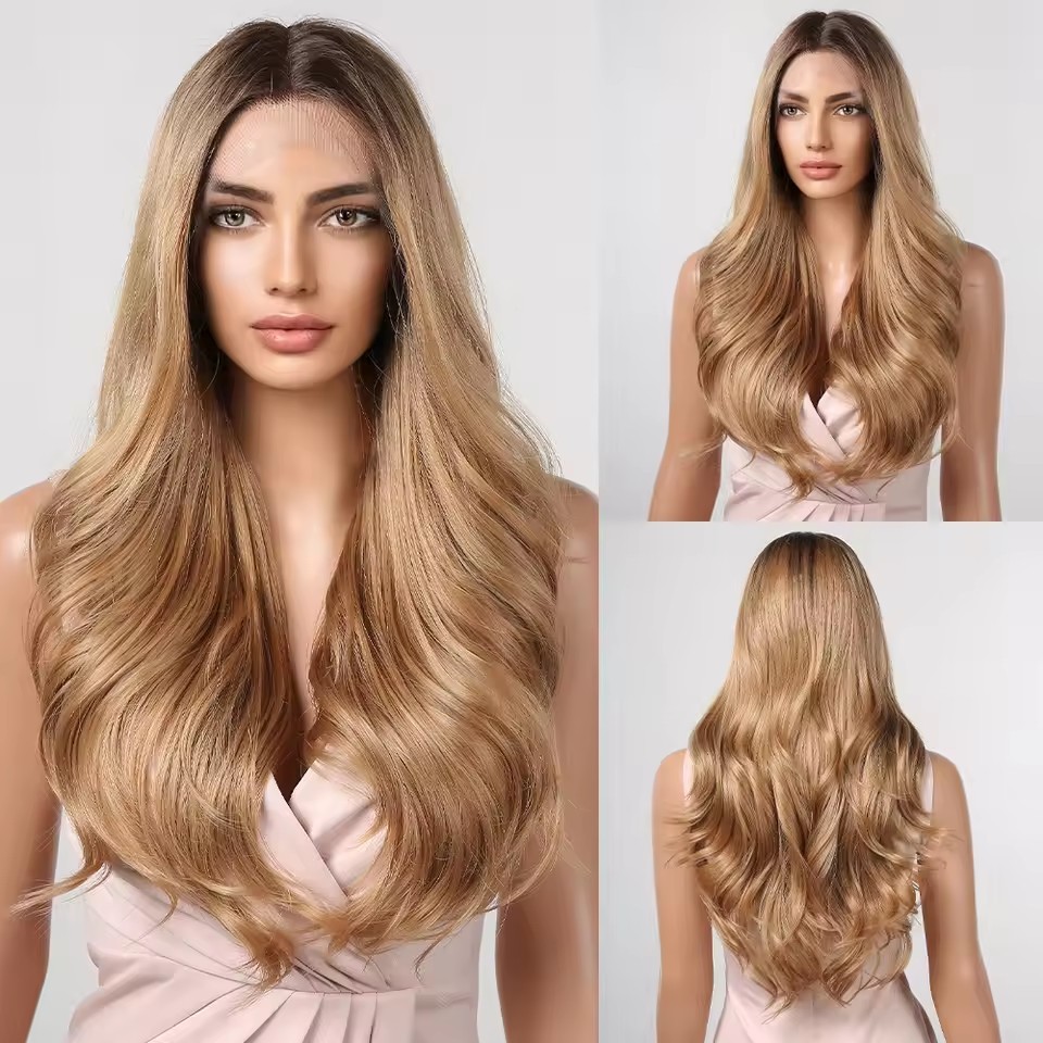 Long Wave Golden Highlight Blonde Wigs Natural Synthetic Lace Wigs Suitable for Women Daily Cosplay Parties Heat Resistant Fibers