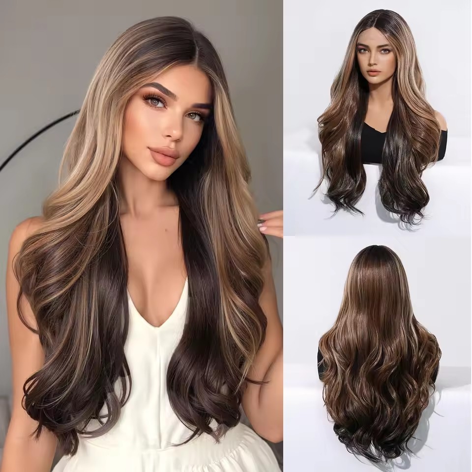 Long Wave Golden Highlight Blonde Wigs Natural Synthetic Lace Wigs Suitable for Women Daily Cosplay Parties Heat Resistant Fibers