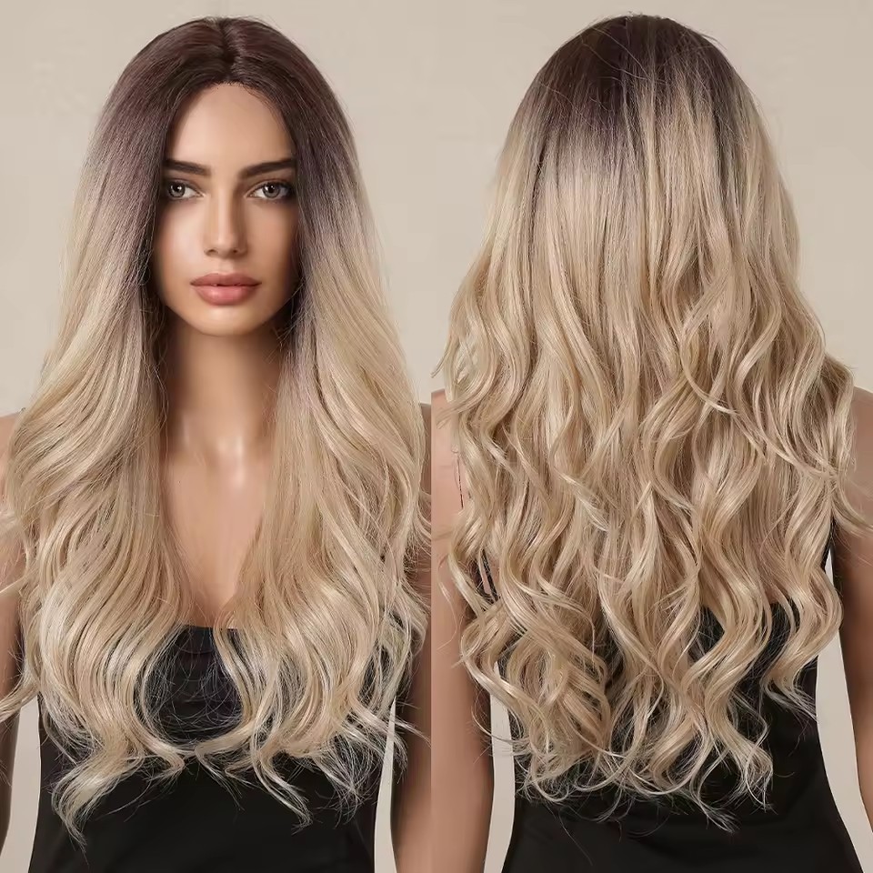 Ombre Brown Blonde Synthetic Lace Wigs Long Wavy Middle Part Hair Wig Cosplay Natural Heat Resistant Synthetic Wig for Women