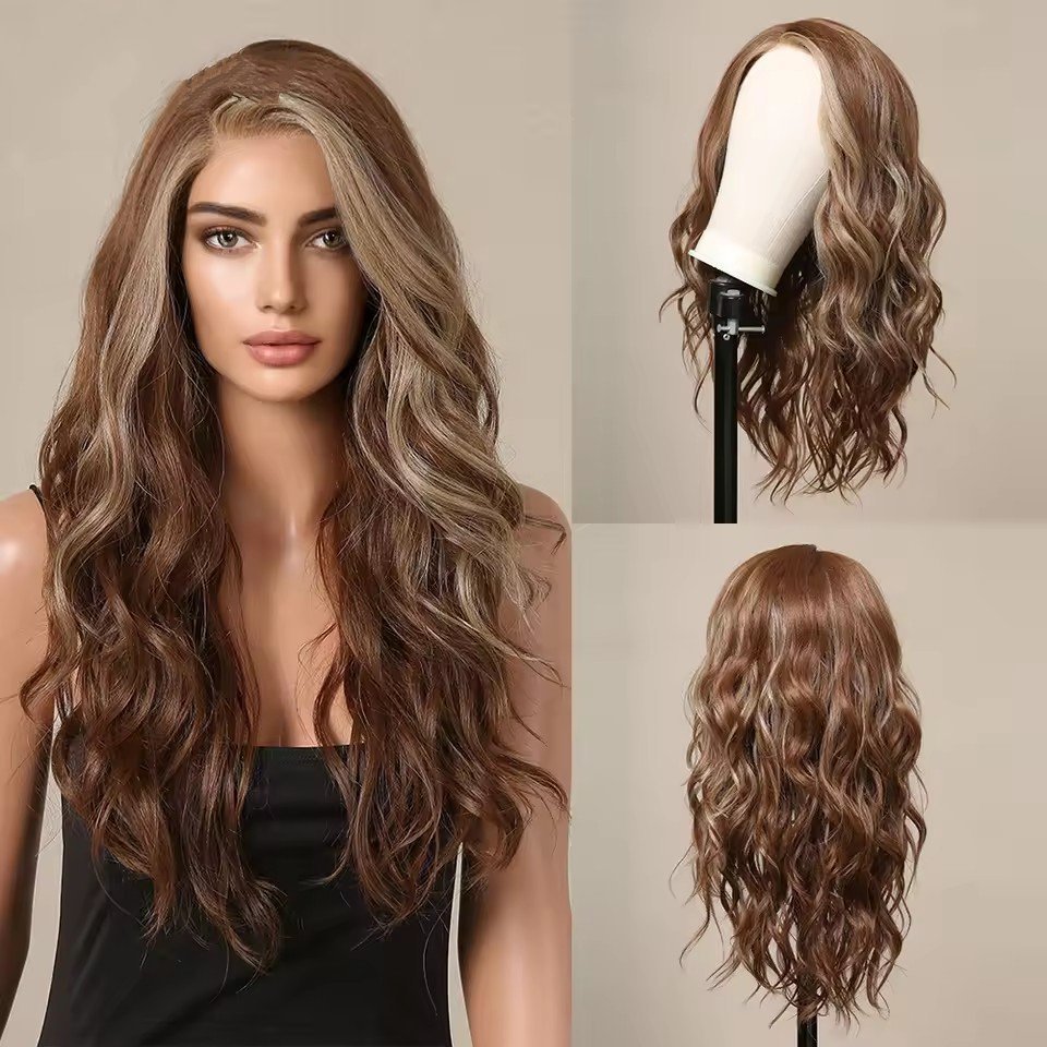 Ombre Brown Blonde Synthetic Lace Wigs Long Wavy Middle Part Hair Wig Cosplay Natural Heat Resistant Synthetic Wig for Women