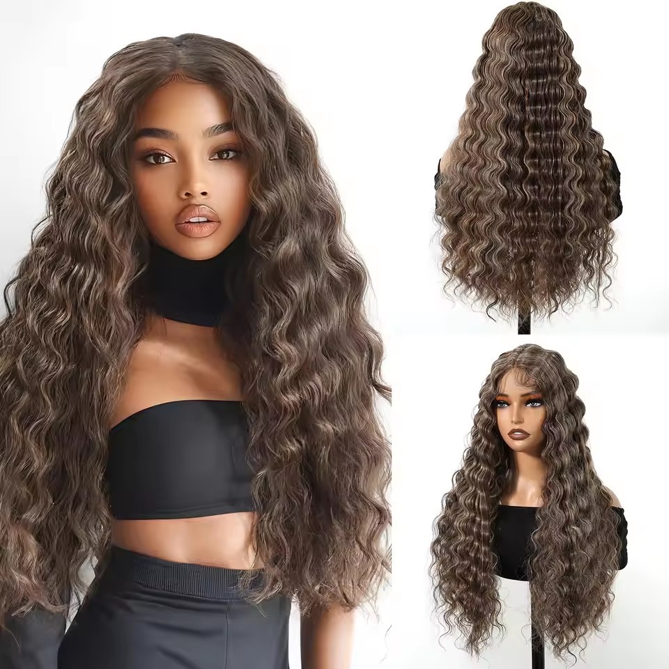 Long Curly Wave Lace Front Synthetic Wigs Brown Golden Bouncy Curly Lace Hair Wigs for Afro Black Women Daily Heat Resistant Wigs