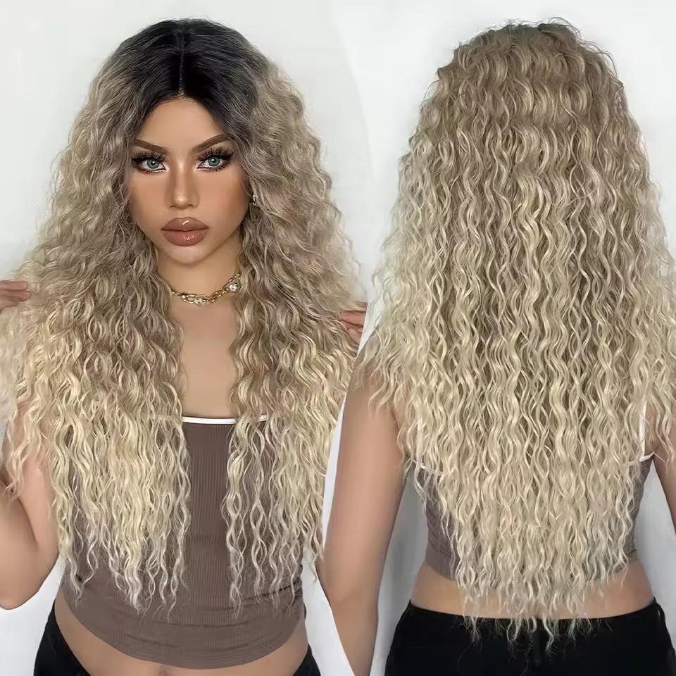 Long Curly Wave Lace Front Synthetic Wigs Brown Golden Bouncy Curly Lace Hair Wigs for Afro Black Women Daily Heat Resistant Wigs
