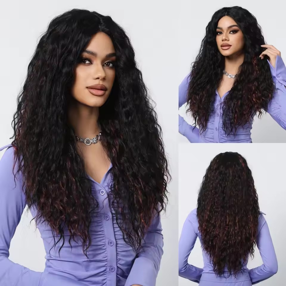 Wine Red Ombre Lace Front  Fiber Wig For Women Cosplay Halloween Use Long Curly Synthetic Wig Middle Part Heat Resistant  Wigs