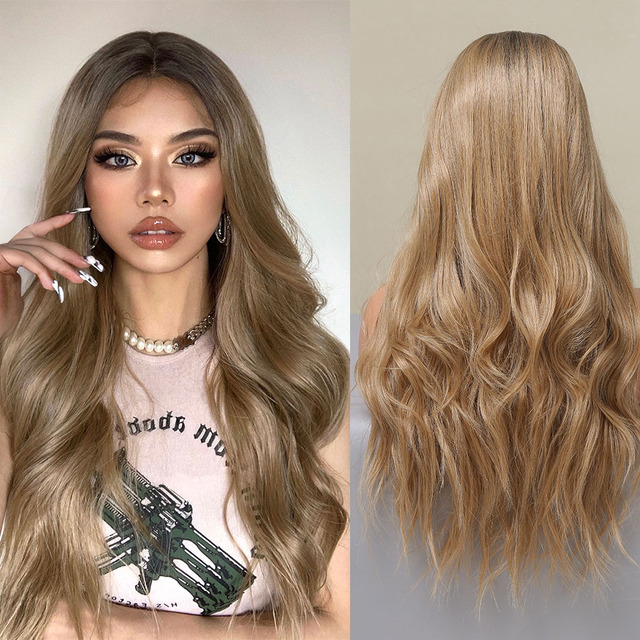 Ombre Brown Blonde Synthetic Lace Wigs Long Wavy Middle Part Hair Wig Cosplay Natural Heat Resistant Synthetic Wig for Women