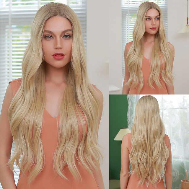 Ombre Brown Blonde Synthetic Lace Wigs Long Wavy Middle Part Hair Wig Cosplay Natural Heat Resistant Synthetic Wig for Women