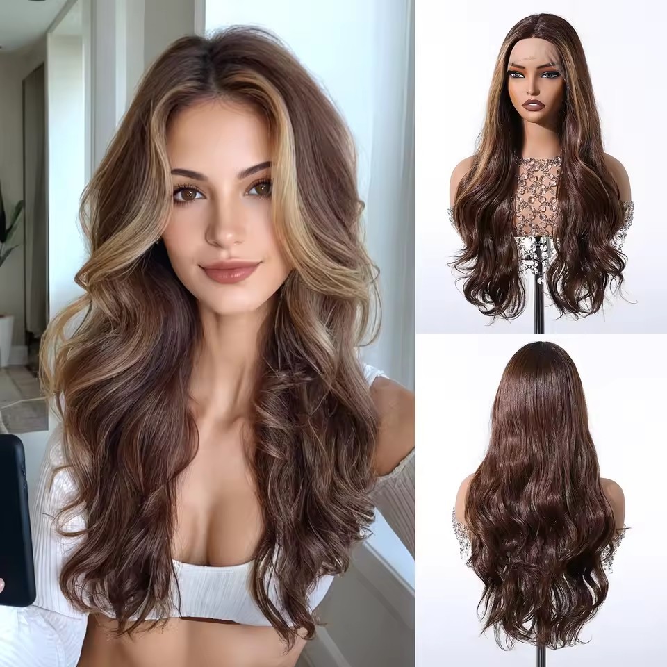 Ombre Brown Blonde Synthetic Lace Wigs Long Wavy Middle Part Hair Wig Cosplay Natural Heat Resistant Synthetic Wig for Women