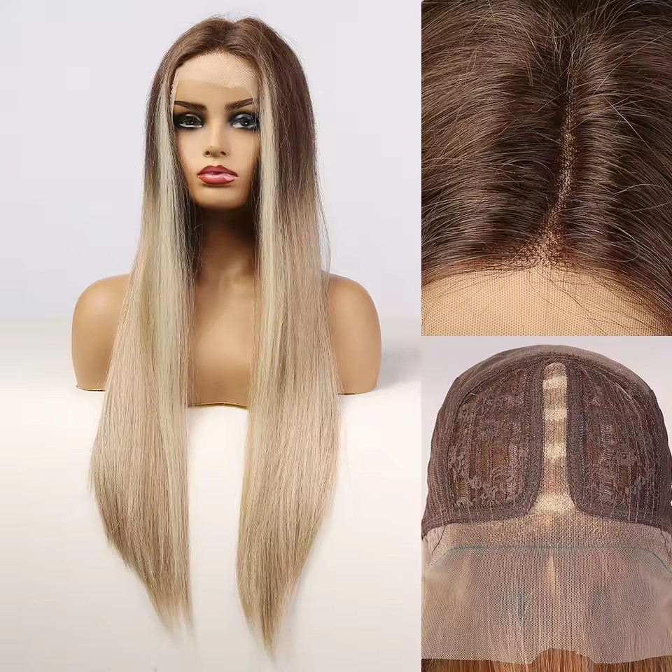 Straight Brown T Part Lace Front Synthetic Wigs with Baby Hair Long Women's Lace Wigs High Density Natural Wig Heat Resistant