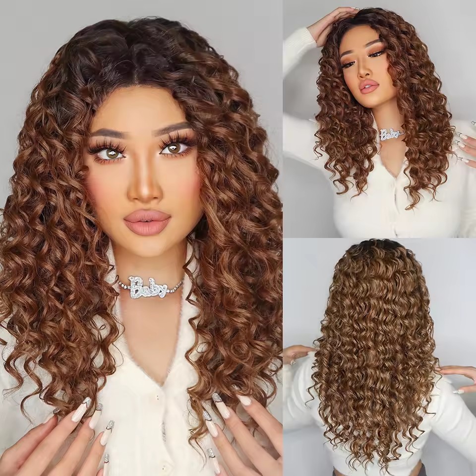 Long Curly Wave Lace Front Synthetic Wigs Brown Golden Bouncy Curly Lace Hair Wigs for Afro Black Women Daily Heat Resistant Wigs
