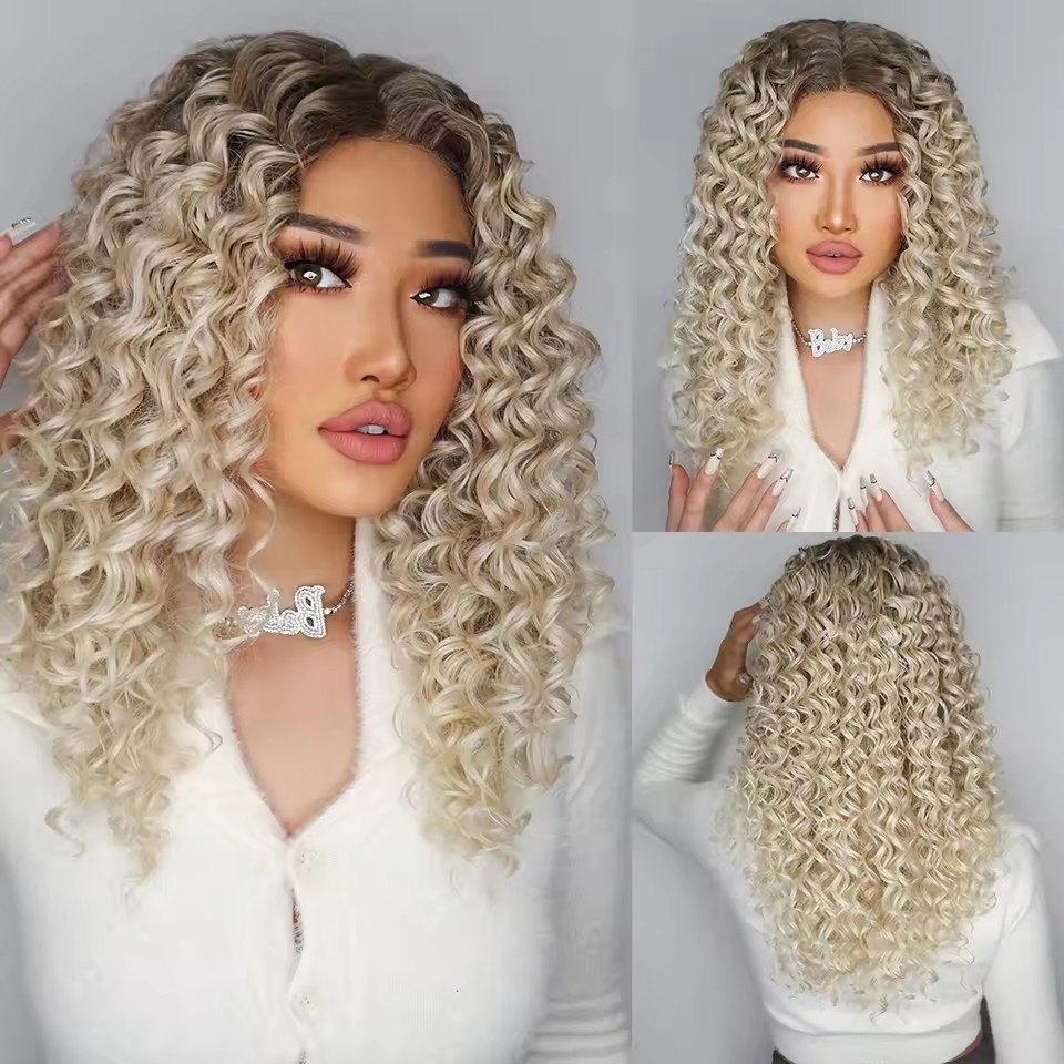 Long Curly Wave Lace Front Synthetic Wigs Brown Golden Bouncy Curly Lace Hair Wigs for Afro Black Women Daily Heat Resistant Wigs