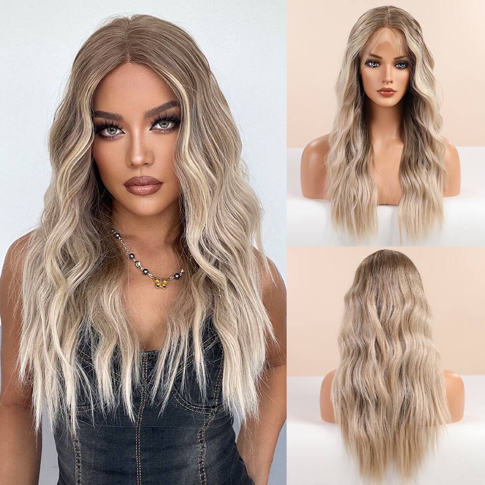 Ombre Brown Blonde Synthetic Lace Wigs Long Wavy Middle Part Hair Wig Cosplay Natural Heat Resistant Synthetic Wig for Women