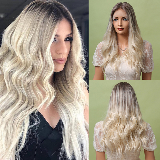 Ombre Brown Blonde Synthetic Lace Wigs Long Wavy Middle Part Hair Wig Cosplay Natural Heat Resistant Synthetic Wig for Women