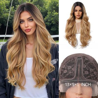 Ombre Brown Blonde Synthetic Lace Wigs Long Wavy Middle Part Hair Wig Cosplay Natural Heat Resistant Synthetic Wig for Women