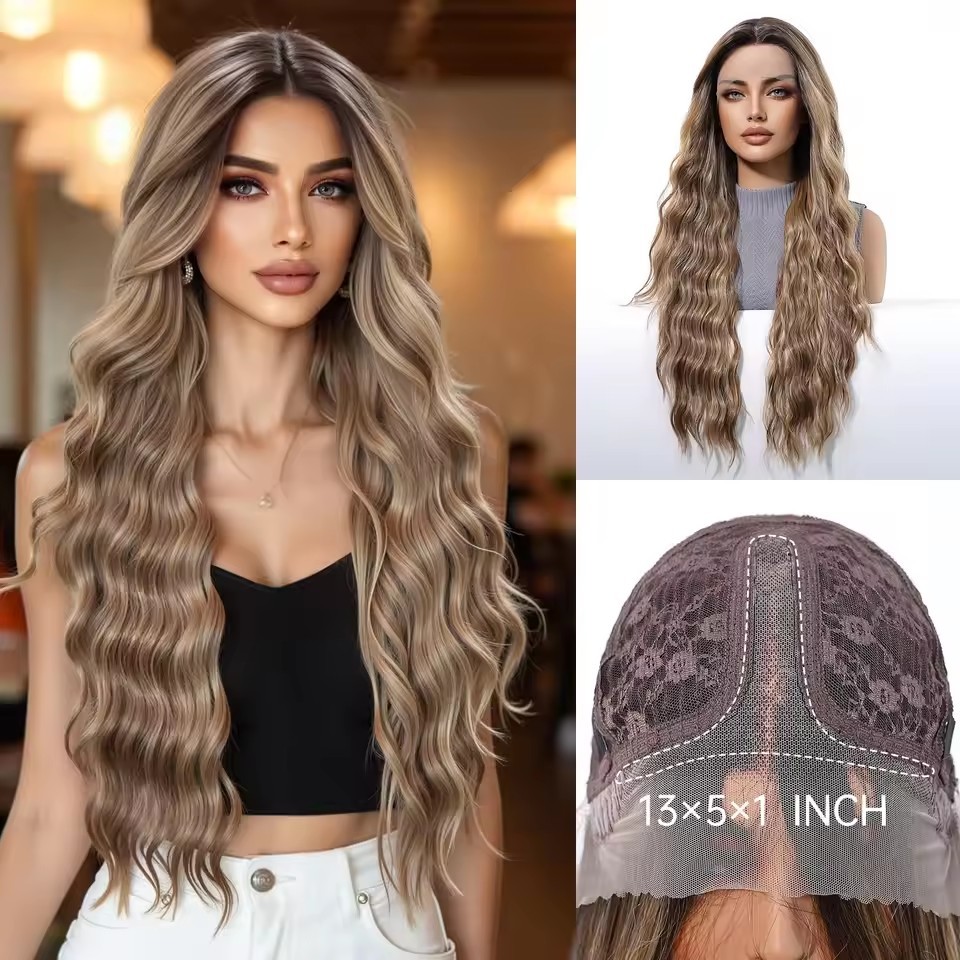 Ombre Brown Blonde Synthetic Lace Wigs Long Wavy Middle Part Hair Wig Cosplay Natural Heat Resistant Synthetic Wig for Women