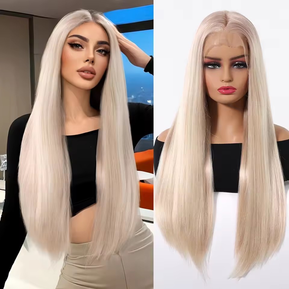 White Platinum Blonde Lace Front Synthetic Wigs Long Straight Lace Hair Wig for  Women Cosplay Daily Heat Resistant Hair