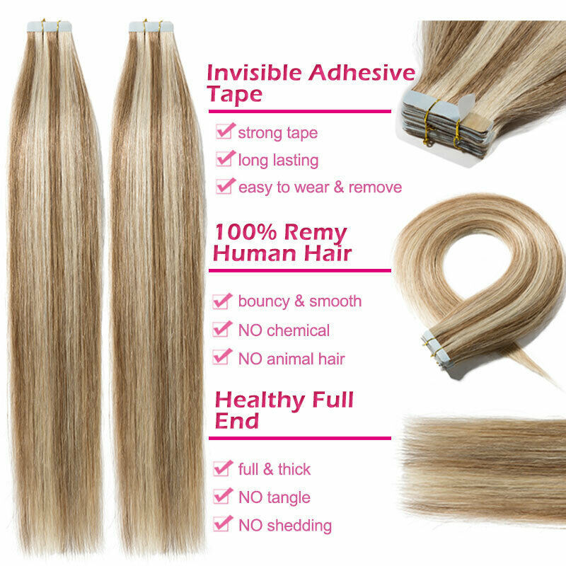 Highlight Blonde #P18/613 Tape in Extensions Virgin Remy Human Hair Extensions Straight Tape in Hair Extensions 100g