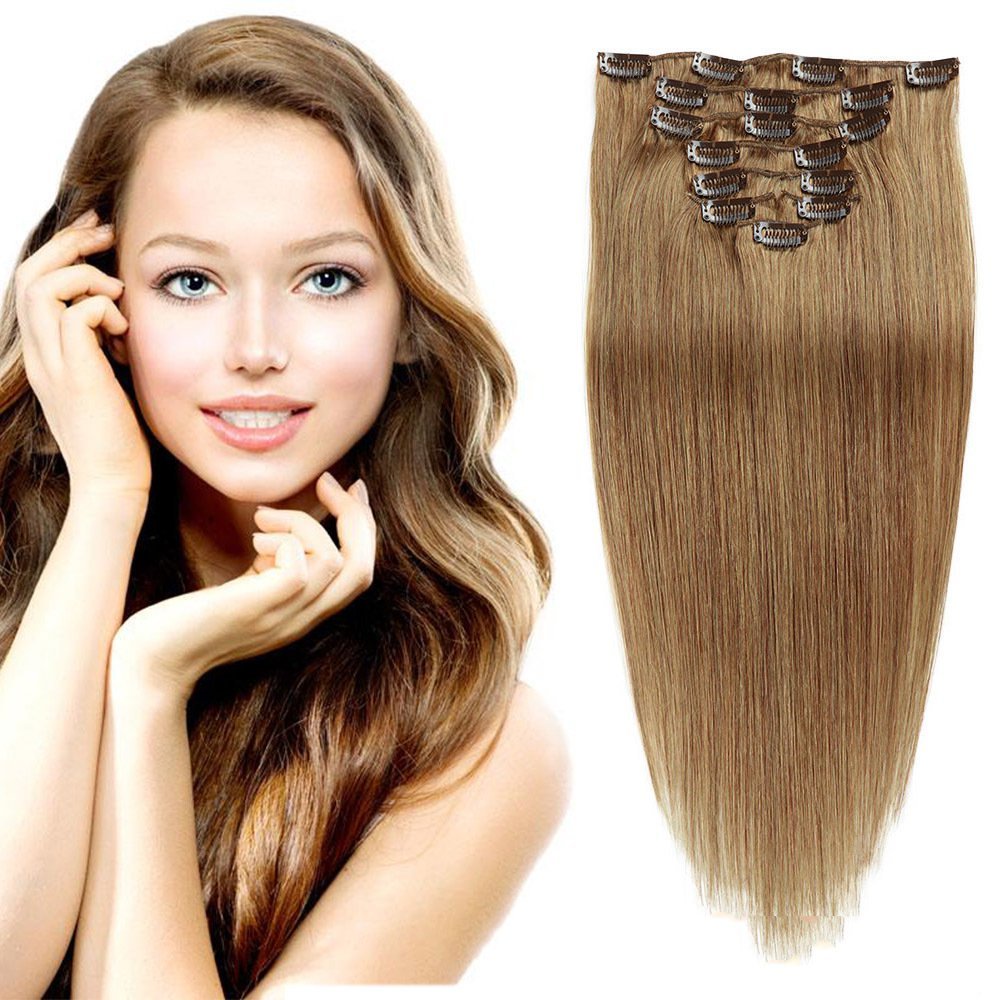 8 pcs  Light Brown  #10 Straight Clip In Hair Extension Human  Full Head 100g/Set Seamless Virgin Remy Human Hair Extensions