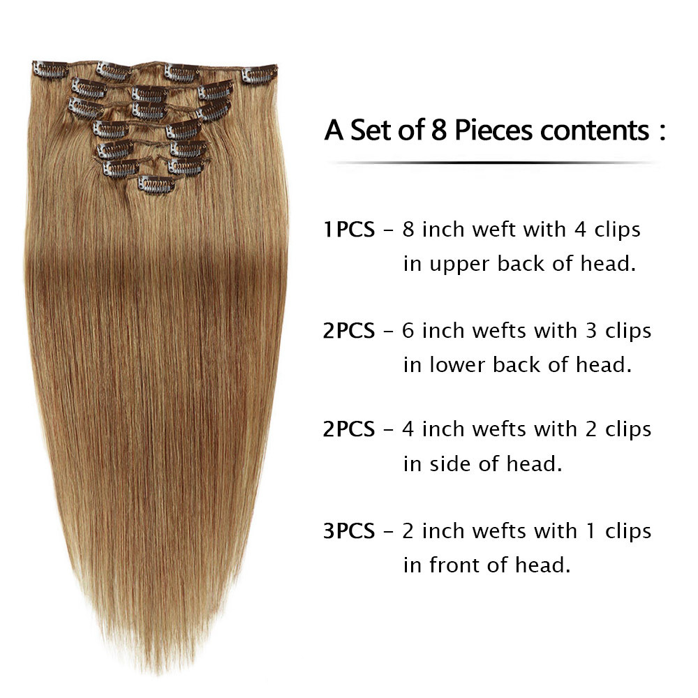 8 pcs  Light Brown  #10 Straight Clip In Hair Extension Human  Full Head 100g/Set Seamless Virgin Remy Human Hair Extensions