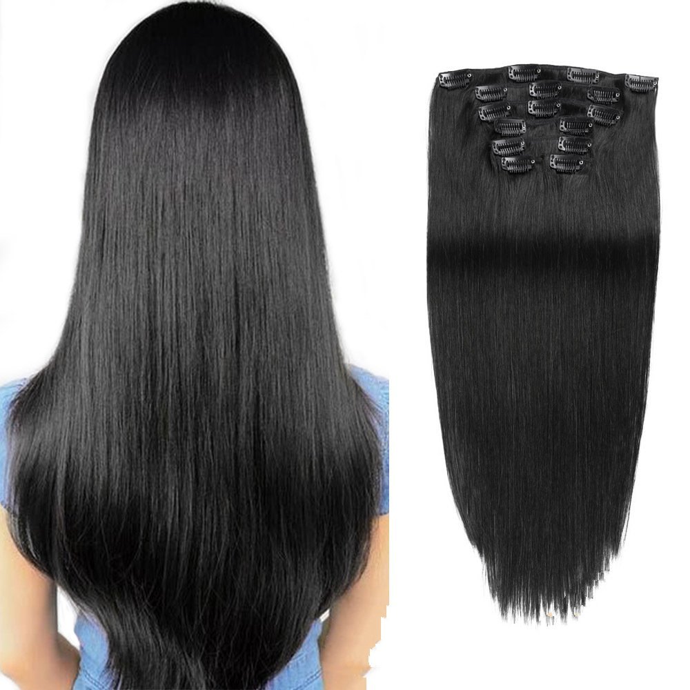 8 pcs Jet Black #1 Straight Clip In Hair Extension Human  Full Head 100g/Set Seamless Virgin Remy Human Hair Extensions