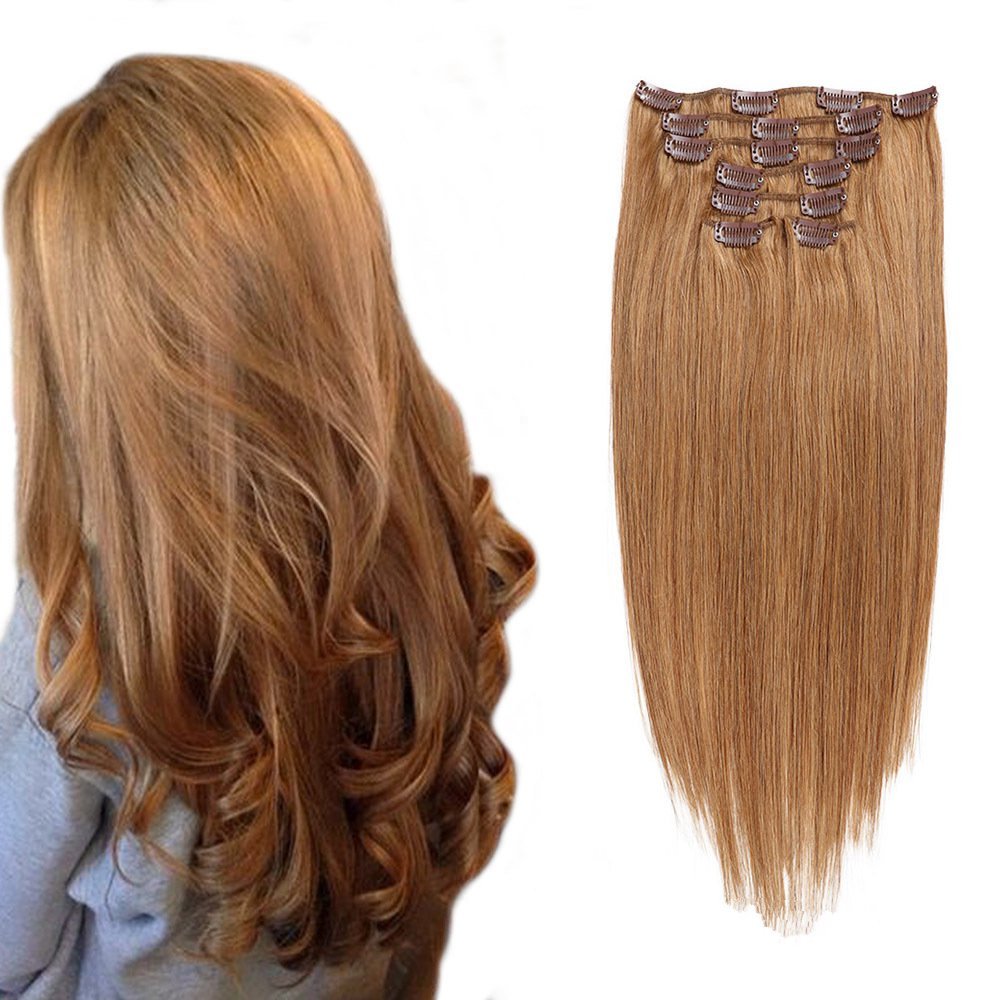 8 pcs  Golden Brown  #12 Straight Clip In Hair Extension Human  Full Head 100g/Set Seamless Virgin Remy Human Hair Extensions
