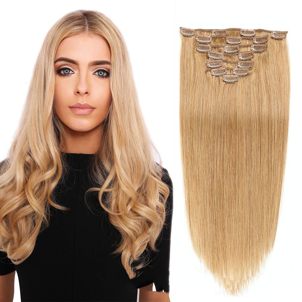 8 pcs  blonde Brown  #16 Straight Clip In Hair Extension Human  Full Head 100g/Set Seamless Virgin Remy Human Hair Extensions