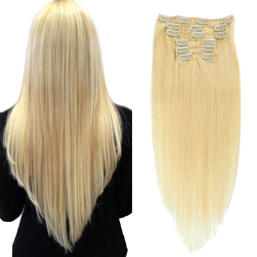 8 pcs  Blonde 613# Straight Clip In Hair Extension Human  Full Head 100g/Set Seamless Virgin Remy Human Hair Extensions