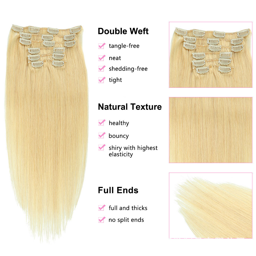 7 pcs Blonde  #613 Straight  100grams  Clip in  Human Hair Extensions 100% Remy Human Hair Extensions  for woman