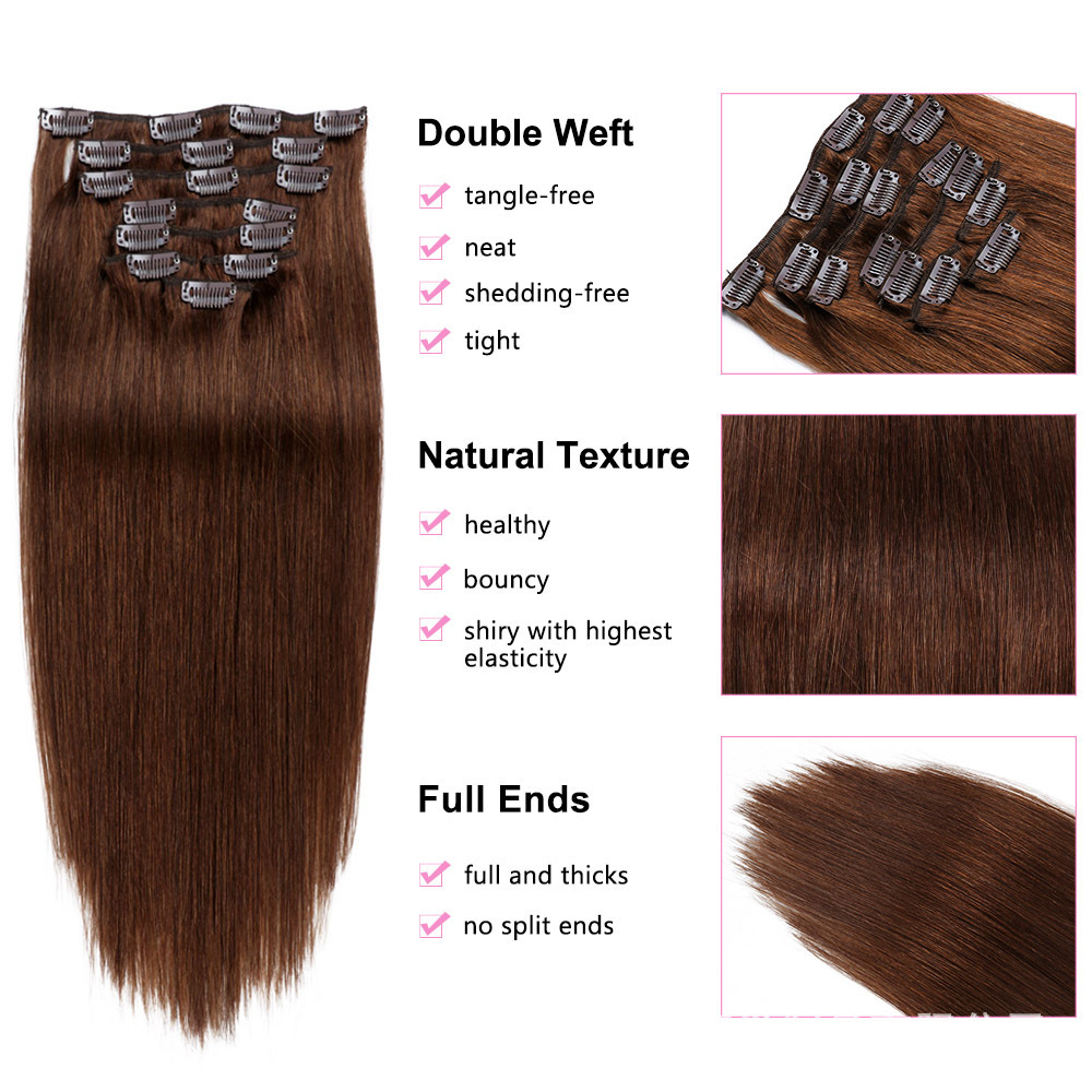 8 pcs Dark Brown  #2 Straight Clip In Hair Extension Human  Full Head 100g/Set Seamless Virgin Remy Human Hair Extensions