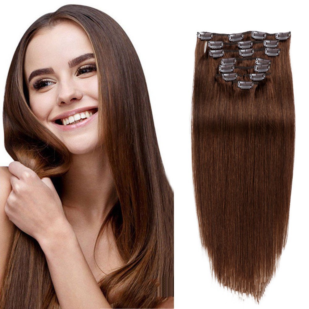 8 pcs Chocolate  Brown  #4 Straight Clip In Hair Extension Human  Full Head 100g/Set Seamless Virgin Remy Human Hair Extensions
