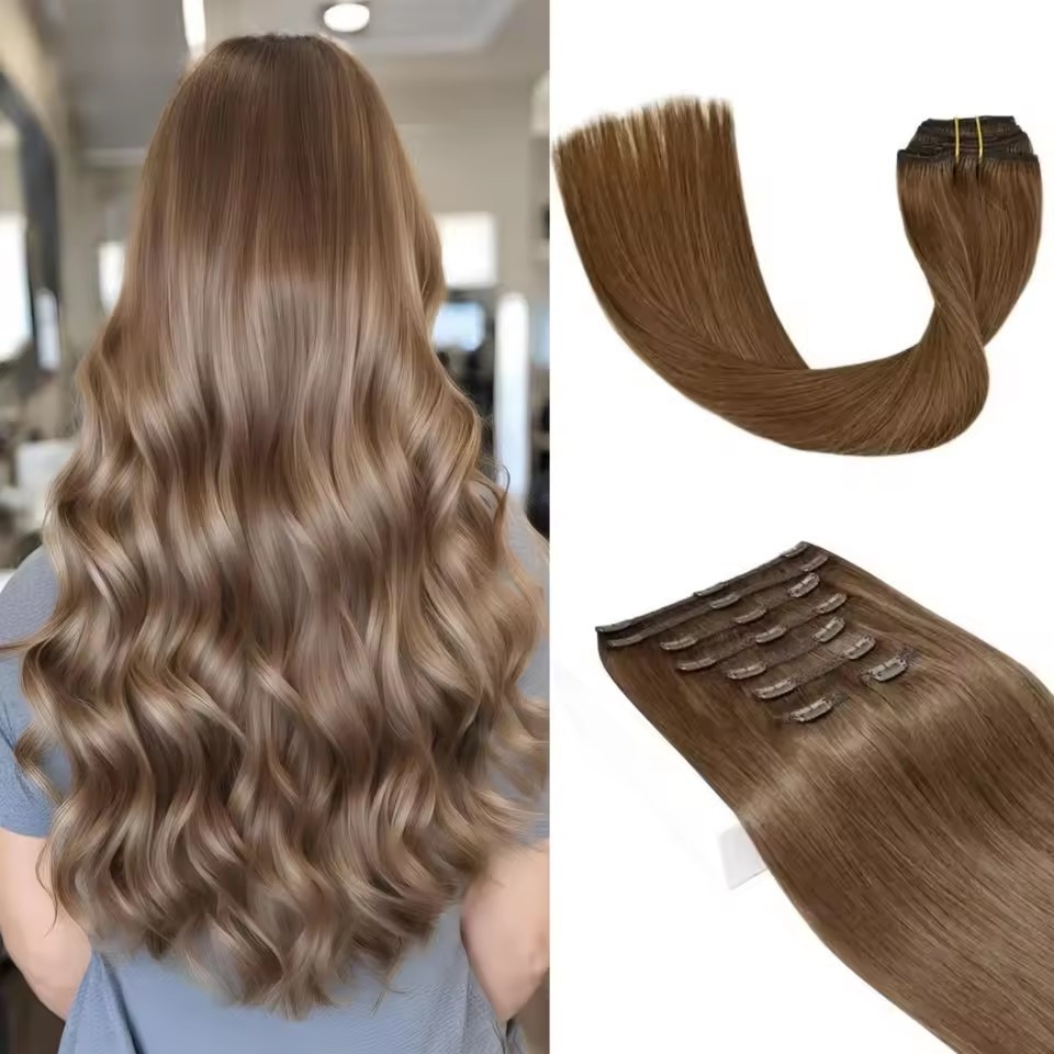 8 pcs Medium Brown  #6 Straight Clip In Hair Extension Human  Full Head 100g/Set Seamless Virgin Remy Human Hair Extensions