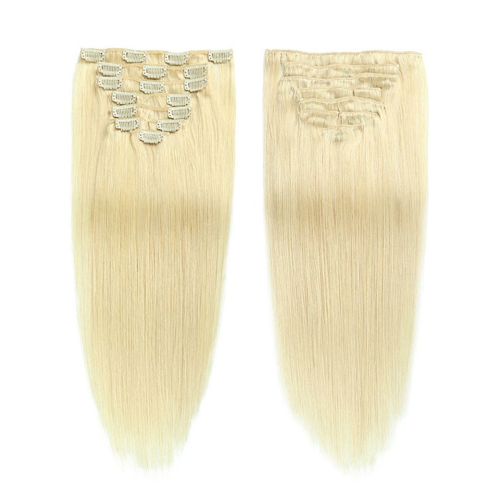 8 pcs Platinum Blonde 60# Straight Clip In Hair Extension Human  Full Head 100g/Set Seamless Virgin Remy Human Hair Extensions