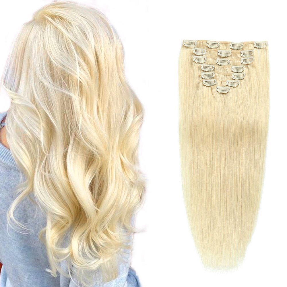 8 pcs Platinum Blonde 60# Straight Clip In Hair Extension Human  Full Head 100g/Set Seamless Virgin Remy Human Hair Extensions