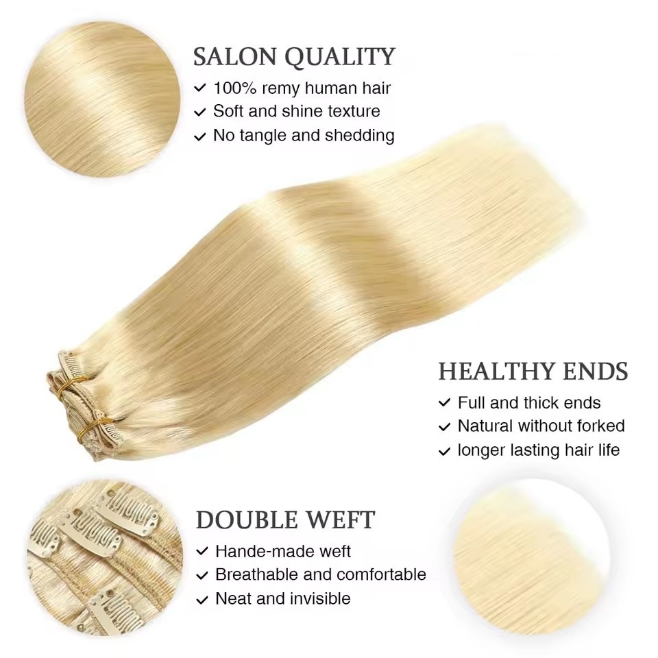 8 pcs Blonde 613# Straight Clip In Hair Extension Human  Full Head 100g/Set Seamless Virgin Remy Human Hair Extensions