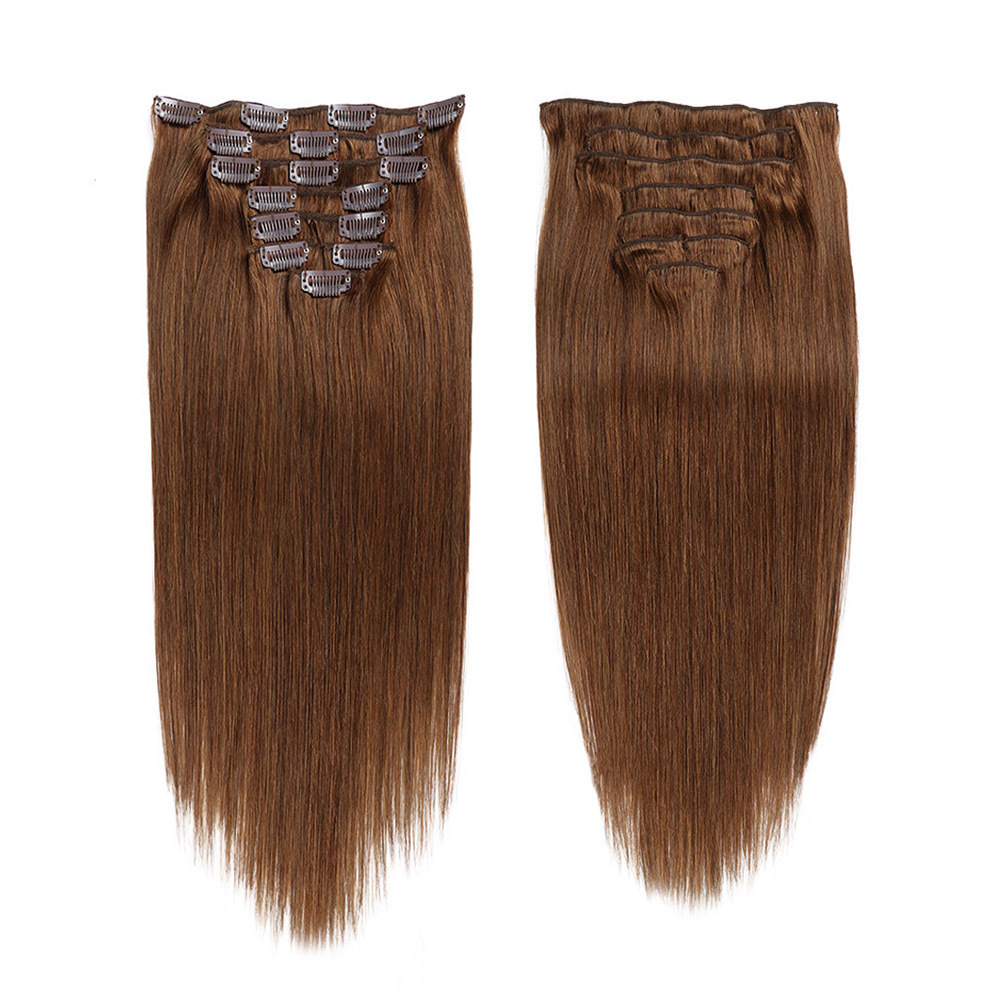 8 pcs Medium Brown  #6 Straight Clip In Hair Extension Human  Full Head 100g/Set Seamless Virgin Remy Human Hair Extensions