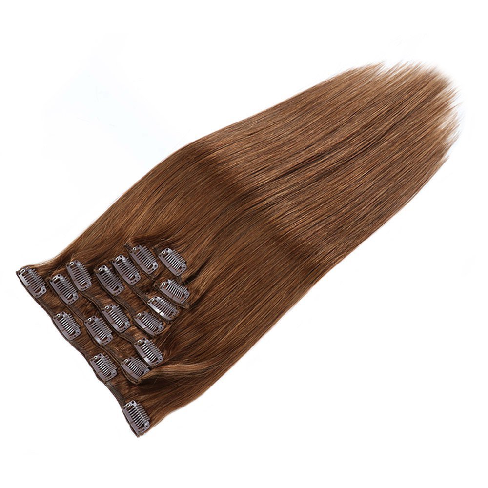 8 pcs Medium Brown  #6 Straight Clip In Hair Extension Human  Full Head 100g/Set Seamless Virgin Remy Human Hair Extensions