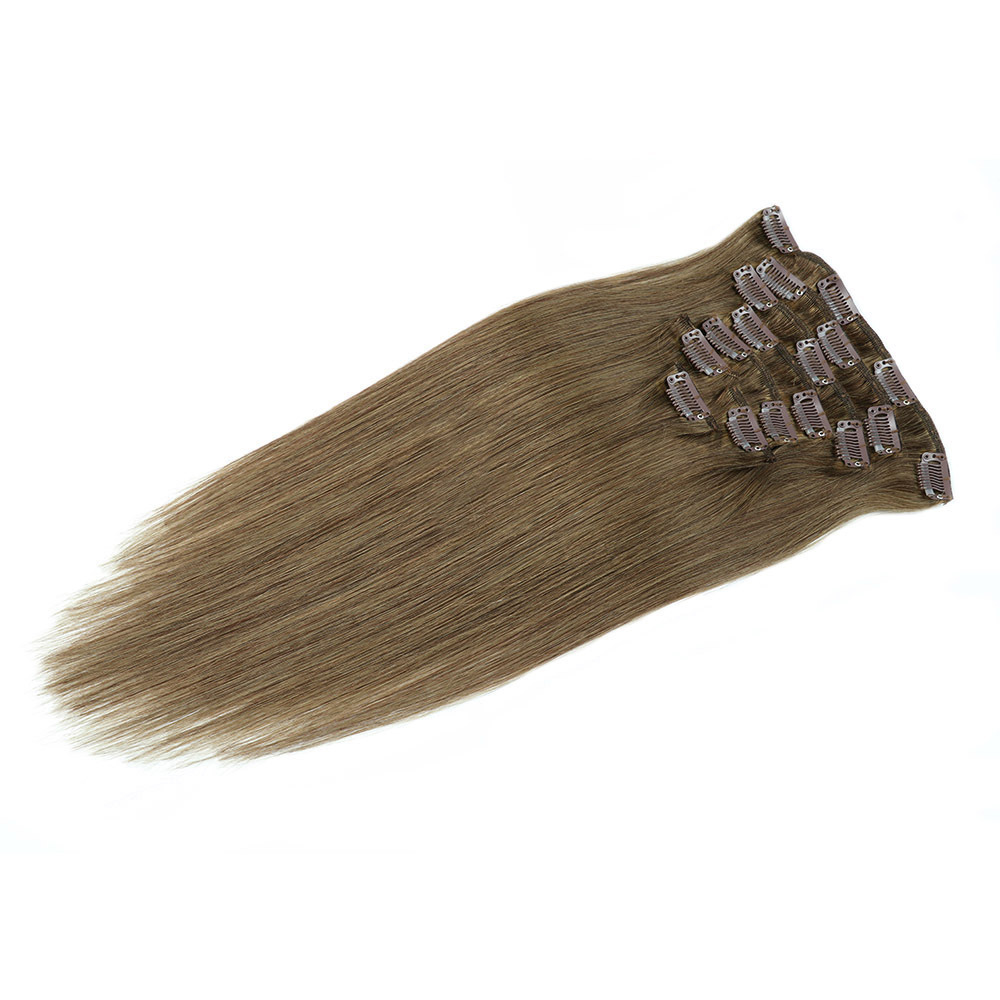 8 pcs   Brown  #8 Straight Clip In Hair Extension Human  Full Head 100g/Set Seamless Virgin Remy Human Hair Extensions
