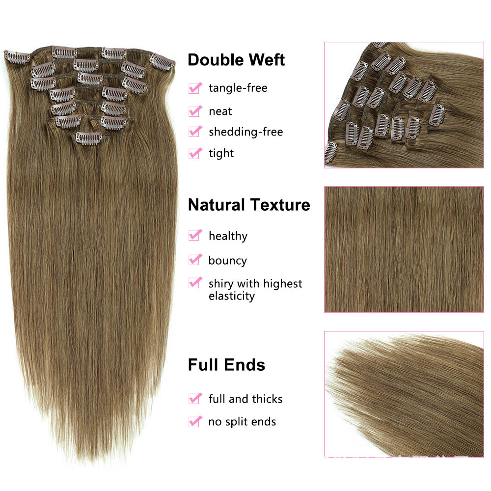 7 pcs Light  Brown #8  Straight  100grams  Clip in  Human Hair Extensions 100% Remy Human Hair Extensions  for woman