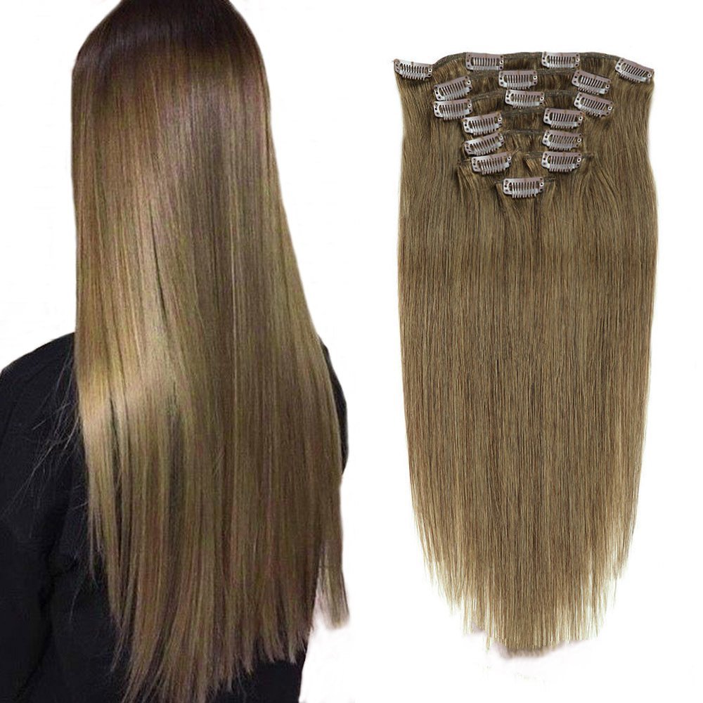 8 pcs   Brown  #8 Straight Clip In Hair Extension Human  Full Head 100g/Set Seamless Virgin Remy Human Hair Extensions