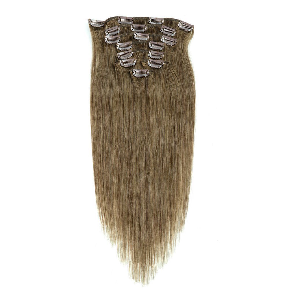 8 pcs   Brown  #8 Straight Clip In Hair Extension Human  Full Head 100g/Set Seamless Virgin Remy Human Hair Extensions