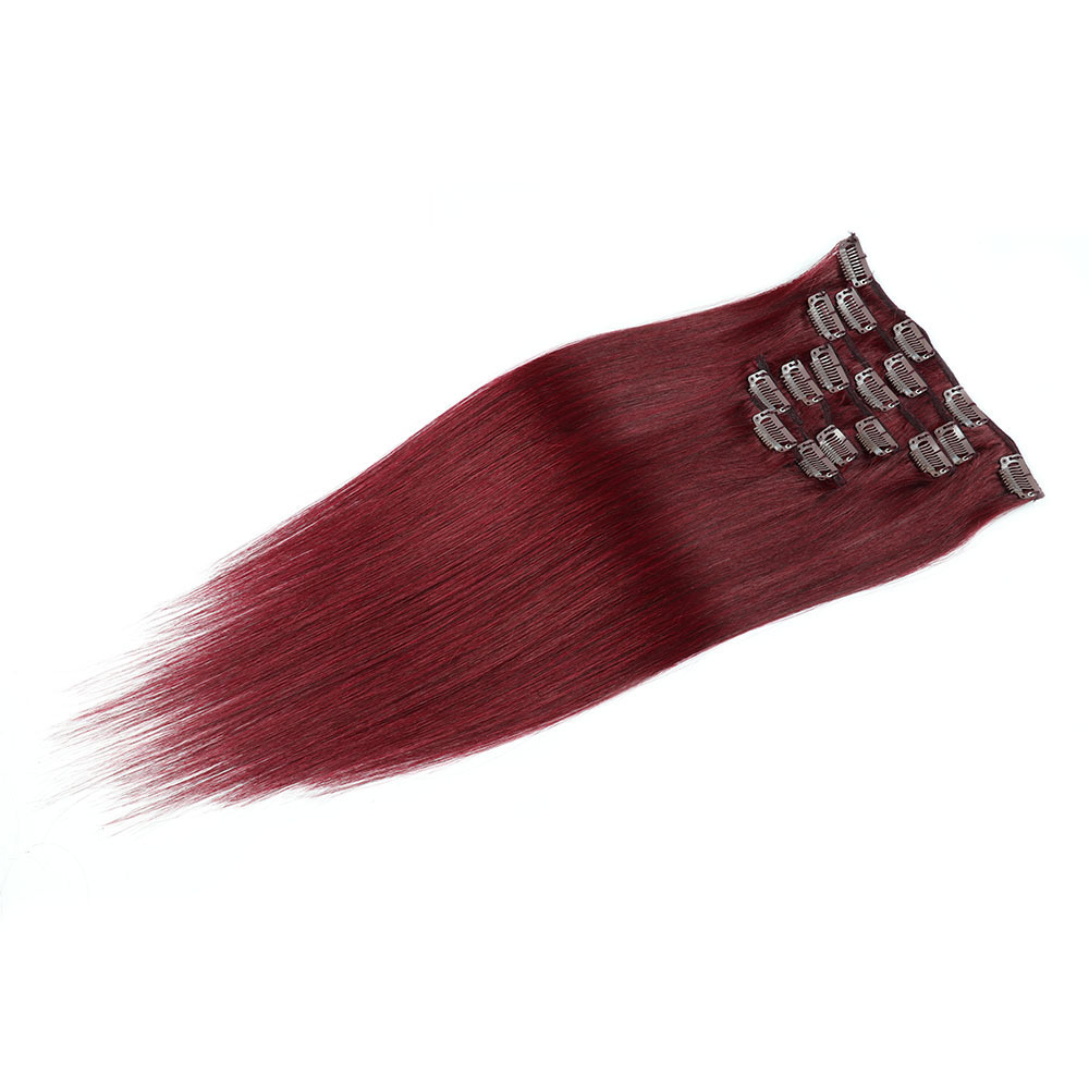 8 pcs  Wine Red  #99J  Straight Clip In Hair Extension Human  Full Head 100g/Set Seamless Virgin Remy Human Hair Extensions