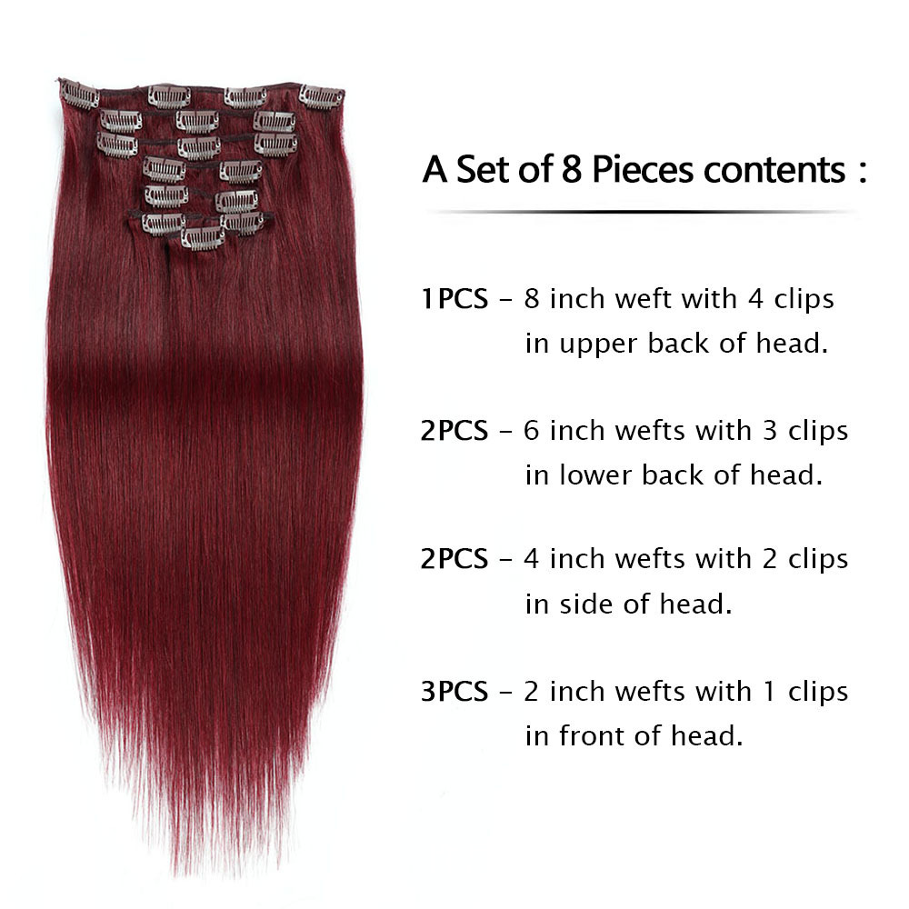 7 pcs Wine Red r #99J Straight  100grams  Clip in  Human Hair Extensions 100% Remy Human Hair Extensions  for woman