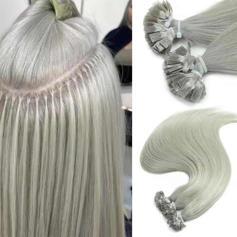 Silver #  Flat Tip Hair Extensions Keratin Human Hair 100g Virgin Remy Human Fusion Hair Extensions 12 -30inch