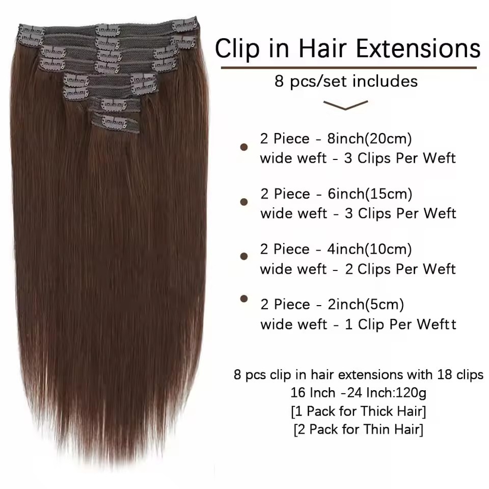 8 pcs Chocolate Brown  #4 Straight Clip In Hair Extension Human  Full Head 100g/Set Seamless Virgin Remy Human Hair Extensions