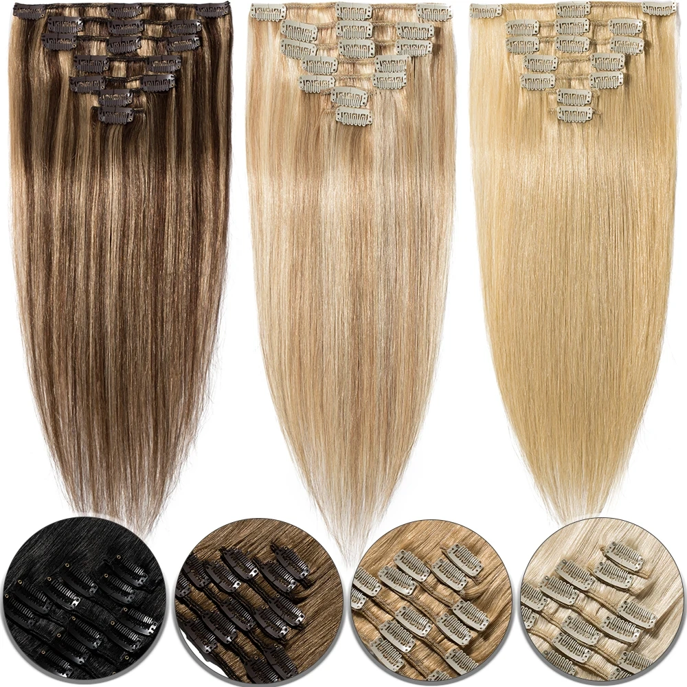 8 pcs Highlight Blonde P18/ 613# Straight Clip In Hair Extension Human  Full Head 100g/Set Seamless Virgin Remy Human Hair Extensions