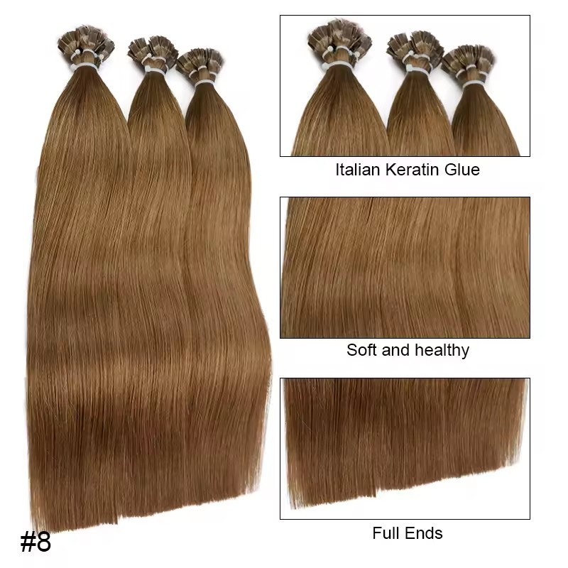 Light Brown  #8 Flat Tip Hair Extensions 100g Virgin Remy Human Hair Real Human Fusion Hair Extensions 12 -30inch