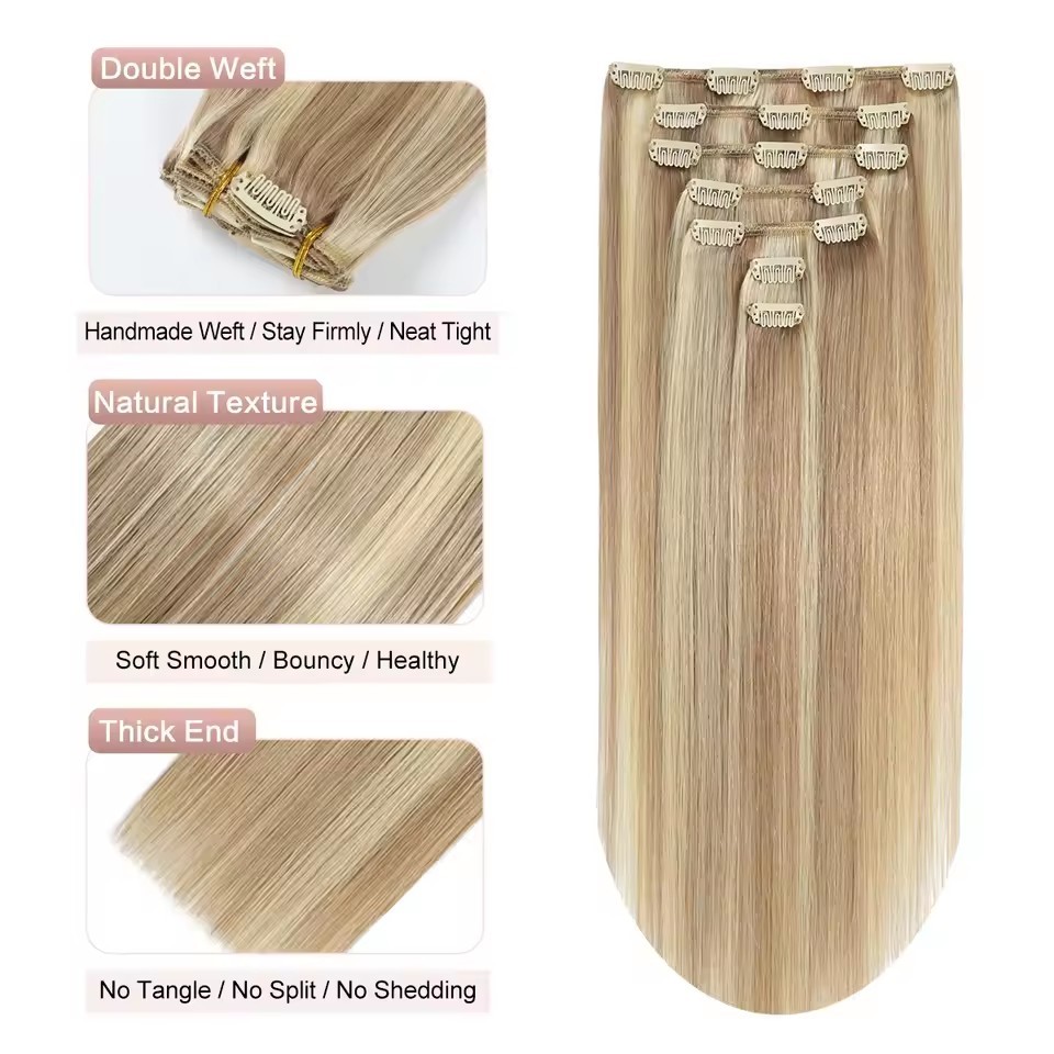 8 pcs Highlight Blonde P18/ 613# Straight Clip In Hair Extension Human  Full Head 100g/Set Seamless Virgin Remy Human Hair Extensions